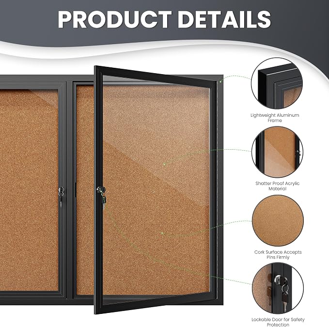 72"x36" Lockable Enclosed Bulletin Board, Outdoor Cork Weather-Resistant - Image 5
