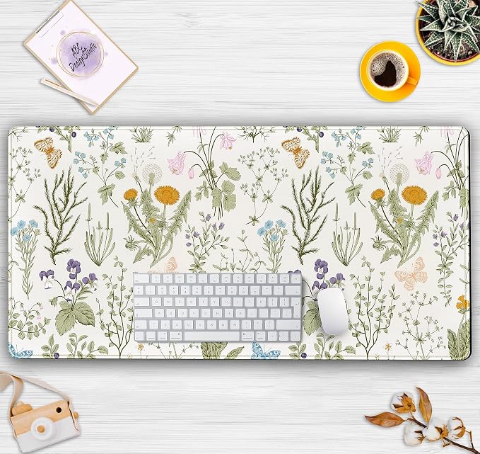 Cute Flowers Desk Mat Pressed Dried Floral Mouse Pad Neutral Beige Sage Green - Image 5