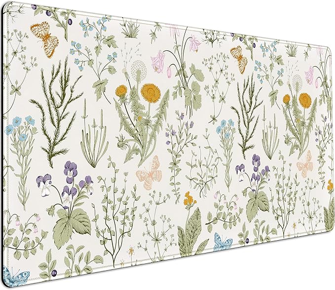 Cute Flowers Desk Mat Pressed Dried Floral Mouse Pad Neutral Beige Sage Green by DCJJM